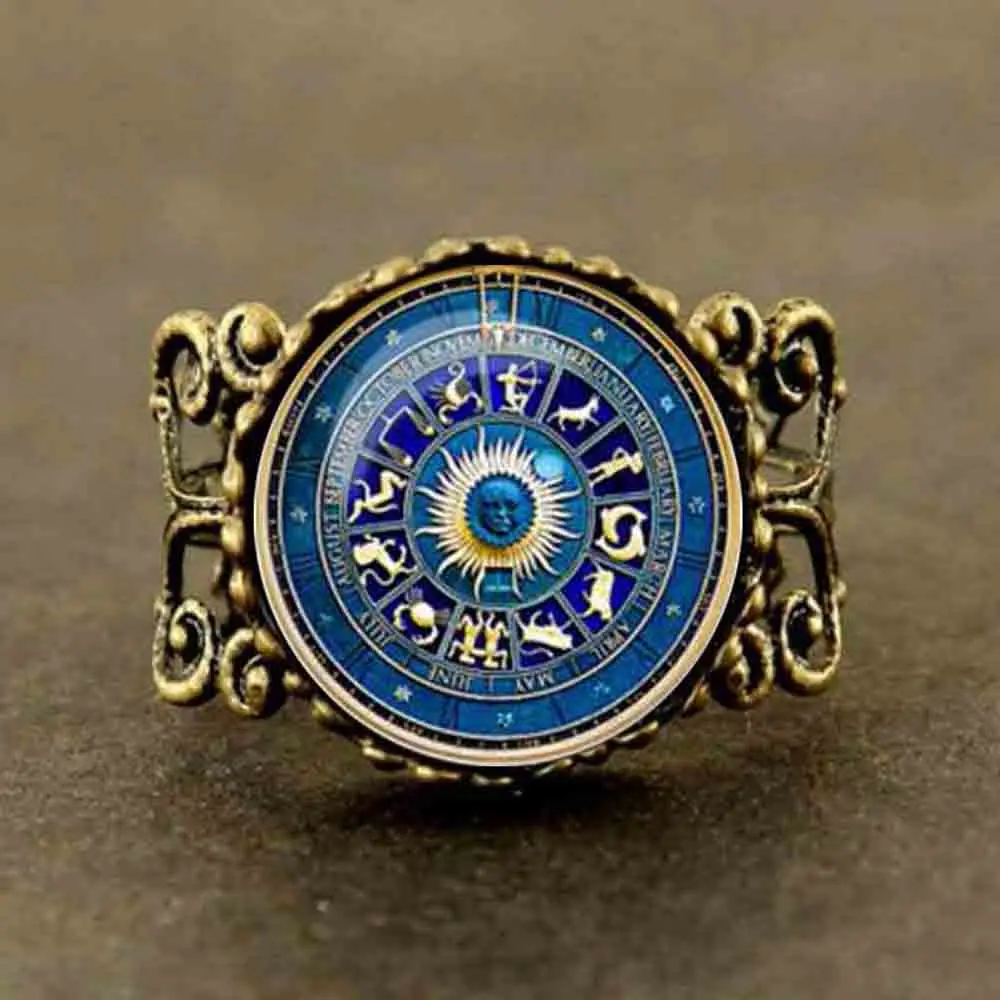 Vintage Blue Yin Yang Wicca Ring Fashion Novelty Zodiac Sign Adjustable Size 8-11 Gift Glass Cabochon Constellation Sun God 2022