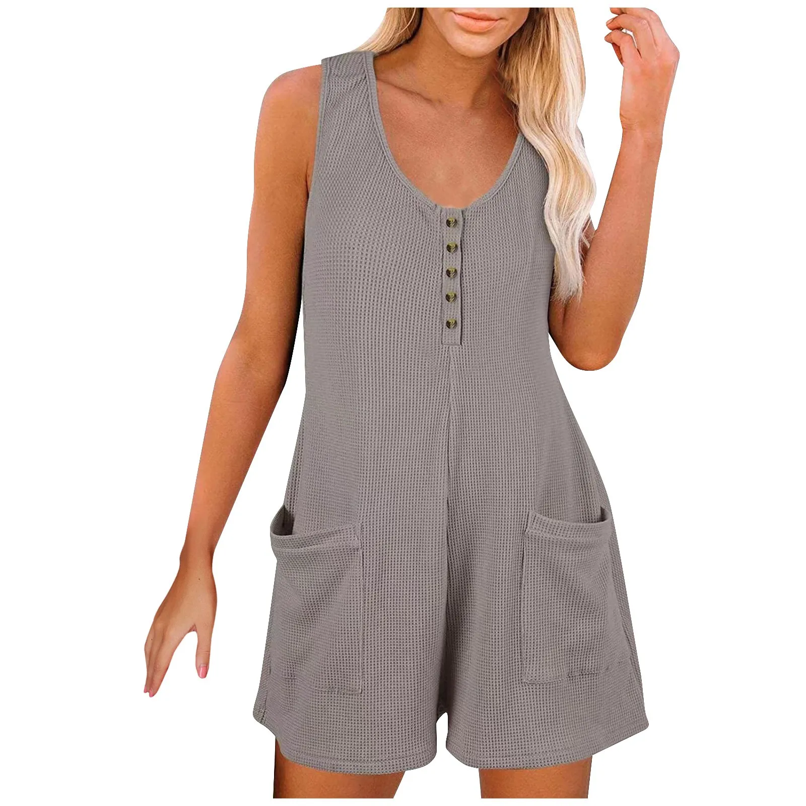 

Women Casual Scoop Neck With Pockets Sleeveless Button Down Tank Top Jumpsuit Shorts Rompers Jumpsuits Jump Suit Bodysuits