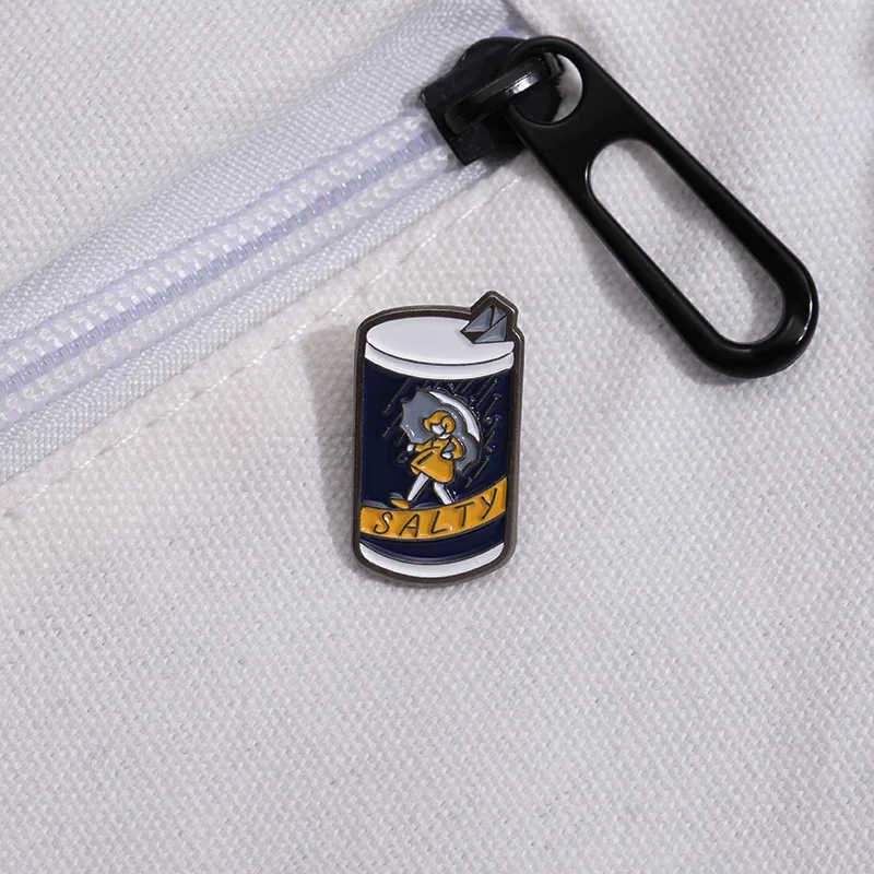 Creative Salty Can Enamel Brooch Pins Cute Anime Girl Holding Umbrella Advertisment Badge Metal Alloy Corsage Accessories Jewelr