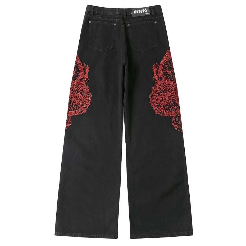 Dragon Embroidery Baggy Jeans Men Streetwear Hip Hop Black Loose Denim Pants 5