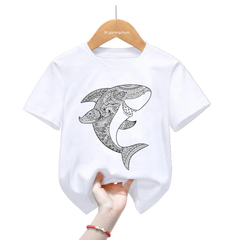 Sketch Shark Print T Shirt For Girls/Boys Funny Whale Starry Sky Tshirt Harajuku Kawaii Kids Clothes Summer Short Sleeve T-Shirt