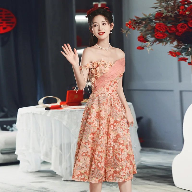 

Evening dress pink WOMEN'S light luxury niche high-end off-shoulder toast dresses l0916