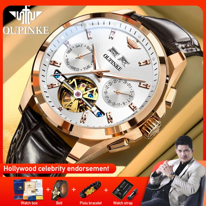OUPINKE 3291 Men Watch Luxury Mechanical Watch Luminous Sapphire Mirror Leather Strap Multifunctional Chronograph With Box