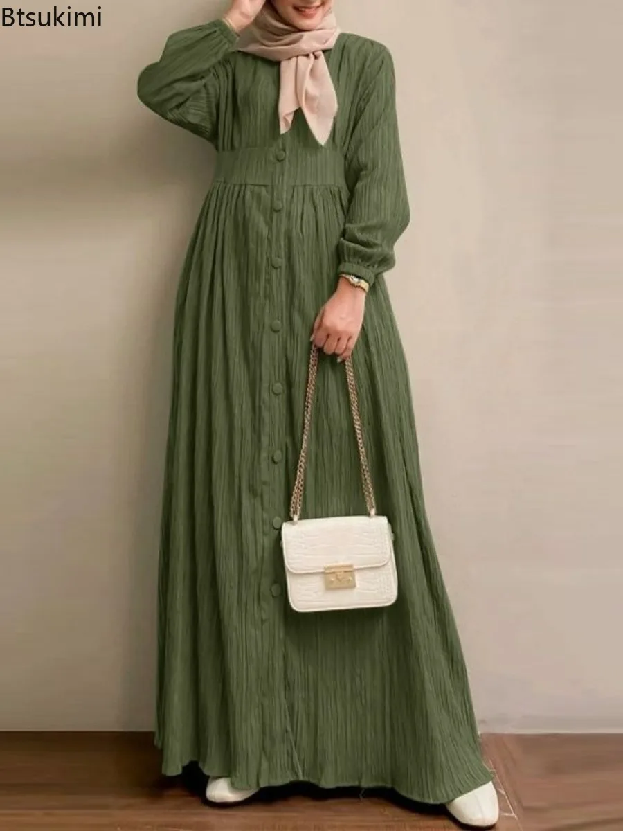 

New2024 Women's Vintage Long Sleeve Muslim Maxi Dress Autumn Elegant Casual Buttons Down Sundress Dubai Islamic Clothing Abaya