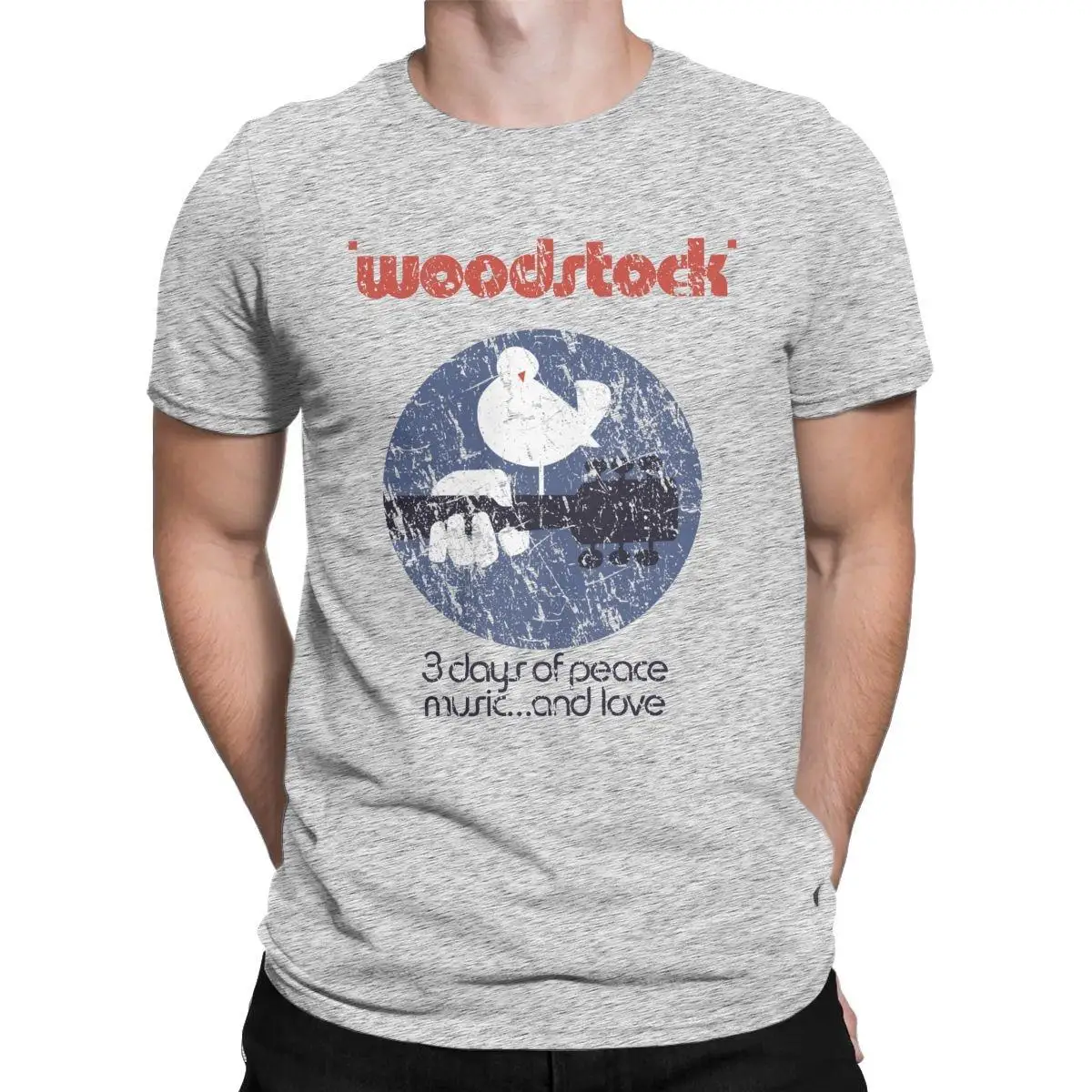 

Мужские Винтажные футболки Woodstock, футболки из чистого хлопка с коротким рукавом, мир, любовь, музыка, футболки с круглым вырезом, Одежда большого размера