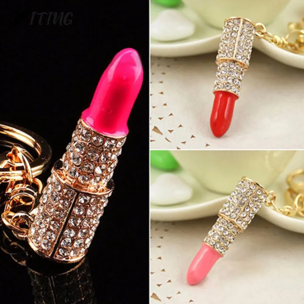 Charm Crystal Keychain Lipstick Key Holder Rhinestone Keyring Keyfob