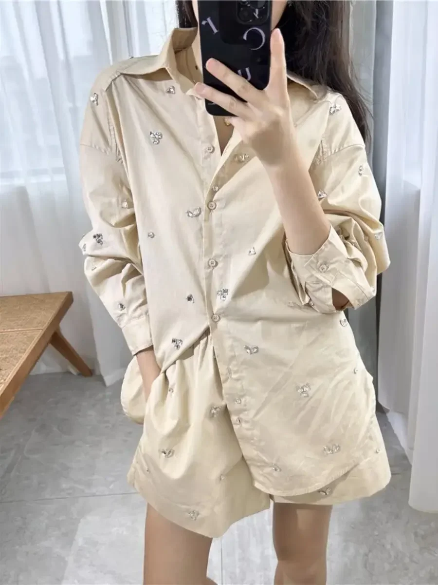 

Women's Suit Diamond Decoration Casual 2023 New Turn Down Collar Long Sleeve Shirt Coat or High Waist Shorts