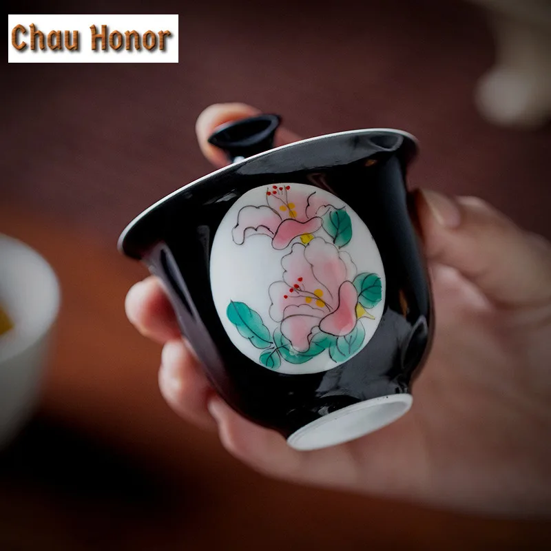110ml Boutique Pure Hand Painted Azalea Art Ceramic Tea Tureen Tea Maker Not Hot Gaiwan Household Kung Fu Tea Cover Bowl Teaset