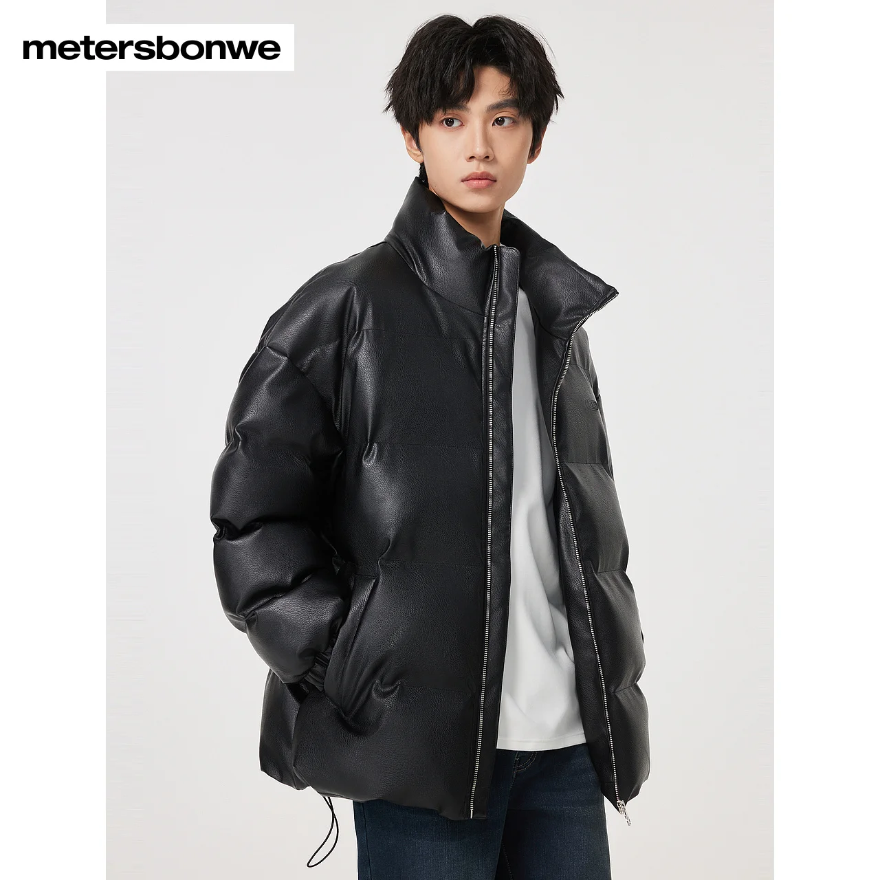 Metersbonwe Black PU Cotton Coat Men Standing Collar Artificial Leather Loose Coat Winter New 23 Thick Warm Cotton Jacket Brand