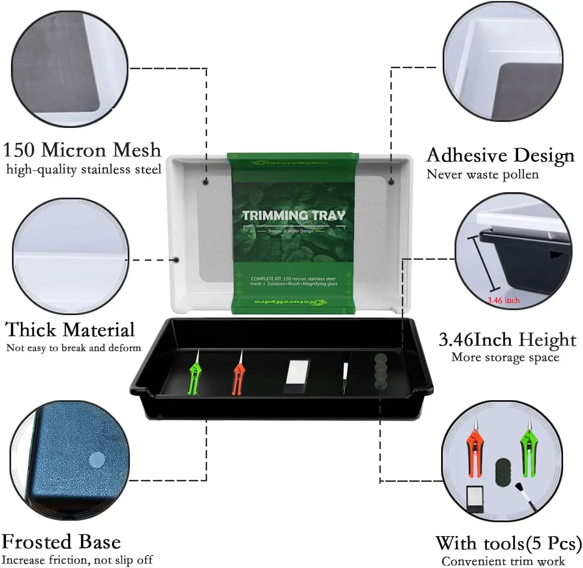 Naturehydro Trimming Tray with Dry Sift Tools Trim Bin for Pollen and Herbs with Screen 2-in-1 Herb Sifter 150 Micron Screen