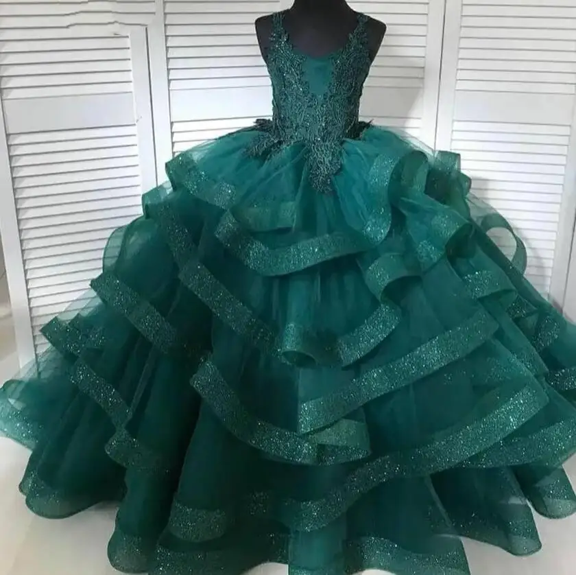 

Green Sparkly Tulle Flower Girl Dress for Wedding Lace Top Kids Children Pageant Gown Long Party Prom Dress