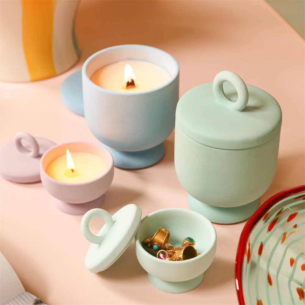 

Jesmonite Chalice Candle Jar Silicone Mold with Lid Handmade Multi-Function Concrete Storage Jars Making Minimalist Home Decor