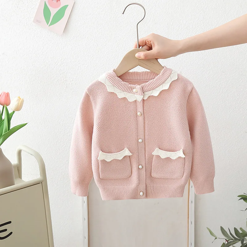 포켓 겨울 소녀 키즈 두꺼운 니트 오-넥 셔츠 줄무늬 공주 카디건 캐주얼 스웨터 IY07252와 고품질 스웨터