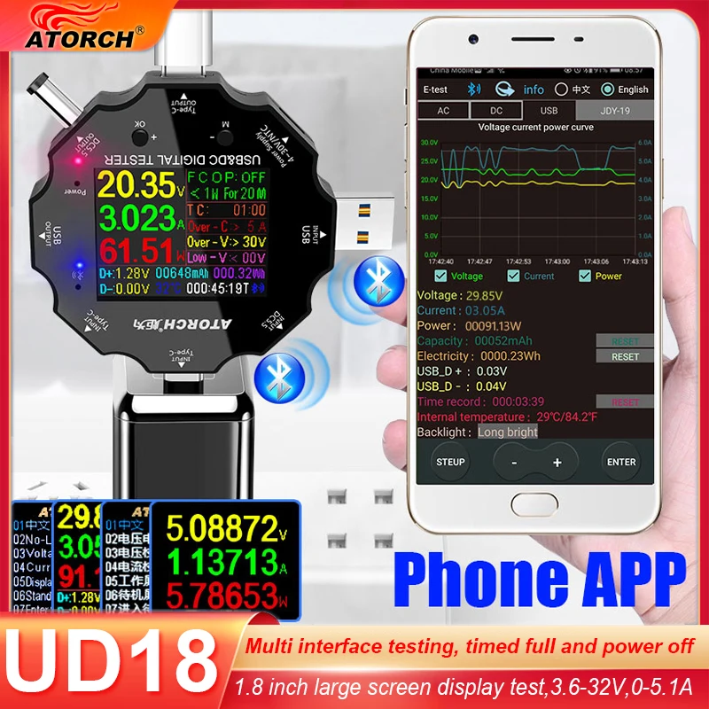 Фото UD18 Для APP USB 3.0 Type-C PD DC5.5 5521 Вольтметр Амперметр Измерение напряжения быстрой зарядки тестер сопротивления кабеля №1