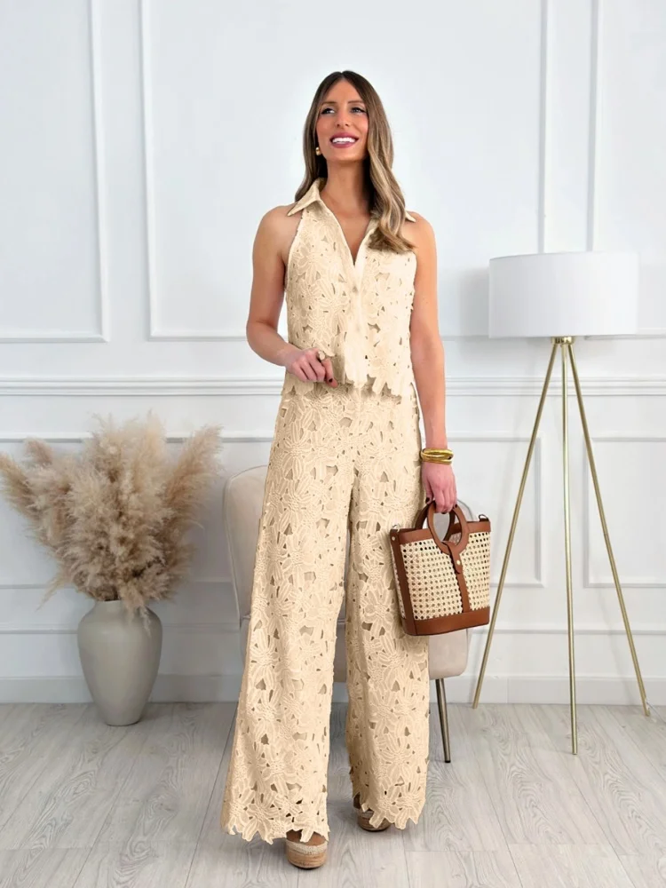Wmstar Two Piece Sets Women Wholesale Summer Embroidered Perforated V Neck Vest Top Wide Leg Straight Trousers Set Maching Suit