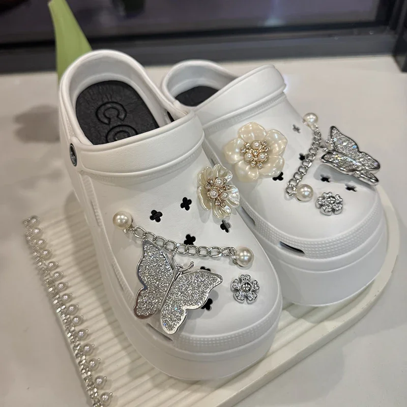 Crystal Butterfly Diy Clogs Sandals Women Summer Chian Chunky Platform Sandles Woman Comfortable Wedge Heels Garden Shoes Female