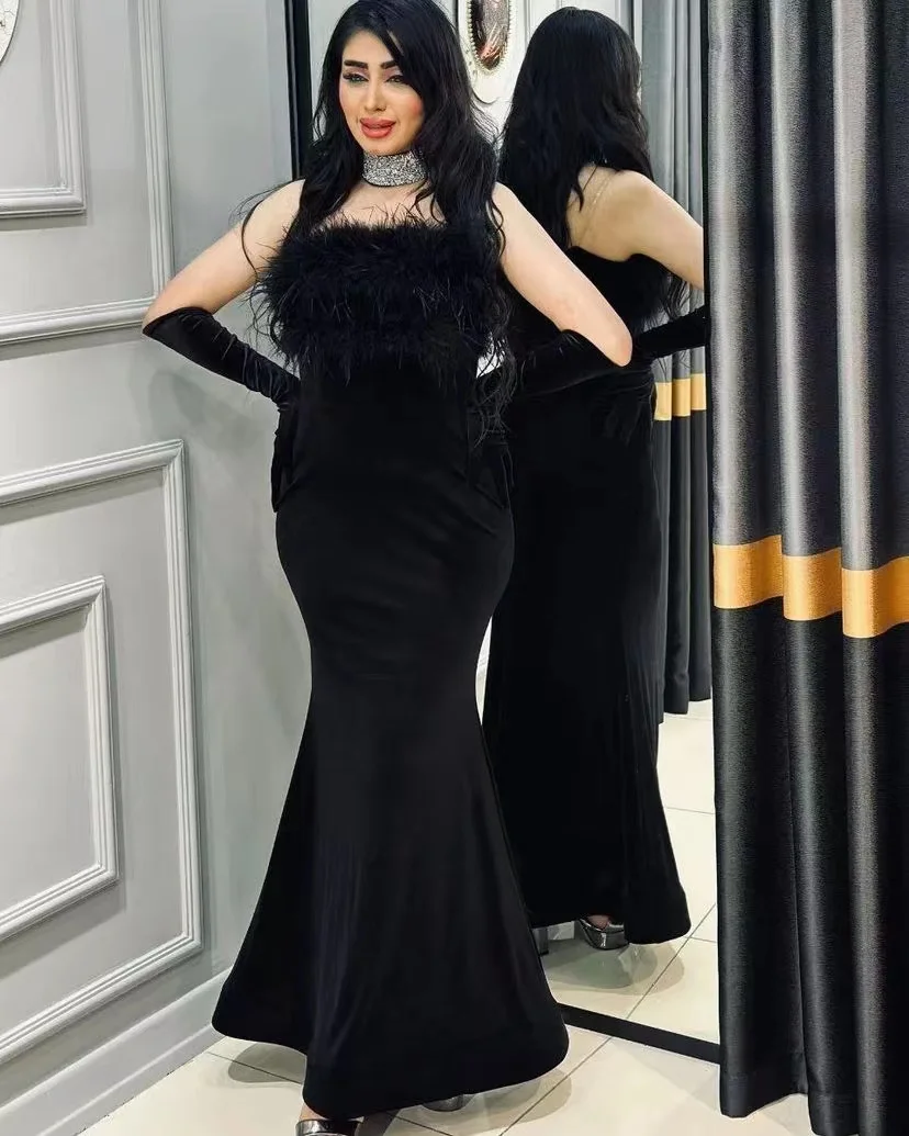 

Black Evening Gowns for Women Elegant Strapless Feathers Luxury Prom Dresses Velour Mermaid Zipper Back Formal Occasion Dress