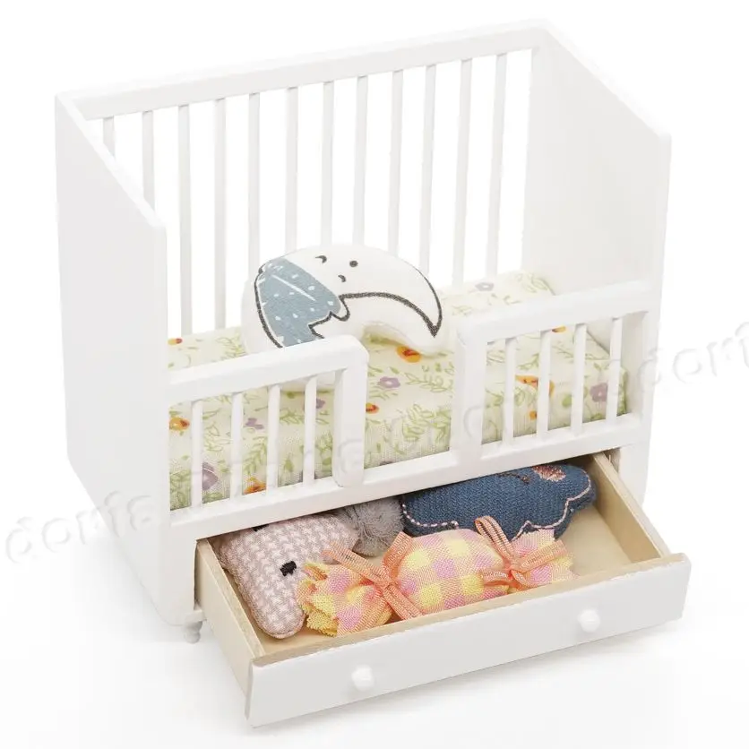 Odoria 1:12 Miniature White Wood Baby Crib With Bed Bedding Set Dollhouse Nursery Furniture Accessories Decor