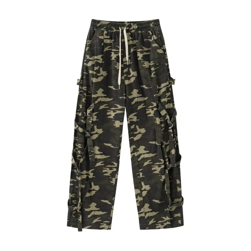 

Брюки мужские камуфляжные с карманами, широкие штаны, винтажная уличная одежда в стиле хип-хоп, с лентами