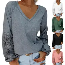 

Fashion Women Solid Color T-Shirts for Streetwear Patchwork Design Lace Decor V-Neck Long Sleeve Spring Autumn Casual Loose Top