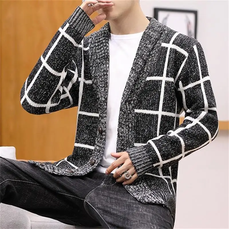 2023 Spring Autumn New Turn-down Collar Plaid Printing Long Sleeve Knitting Cardigan Man Casual Loose Button All-match Outwear