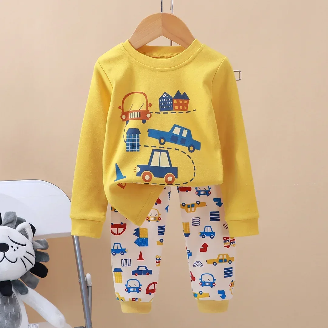 Kids Boys Girls Pure Cotton Pajamas Cartoon Long Sleeve T-Shirt Tops with Pants Toddler Baby Autumn Sleepwear Clothing Sets