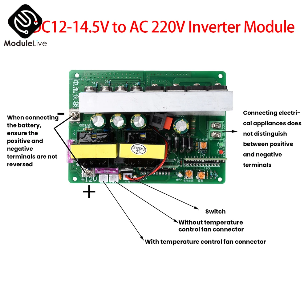 Modulo Inverter ad Alta Potenza 500W da DC 12-14.5V a AC 220V con Interruttore e Interfaccia Ventola, Modulo Step-Up DC-AC Compatibile con E-bike