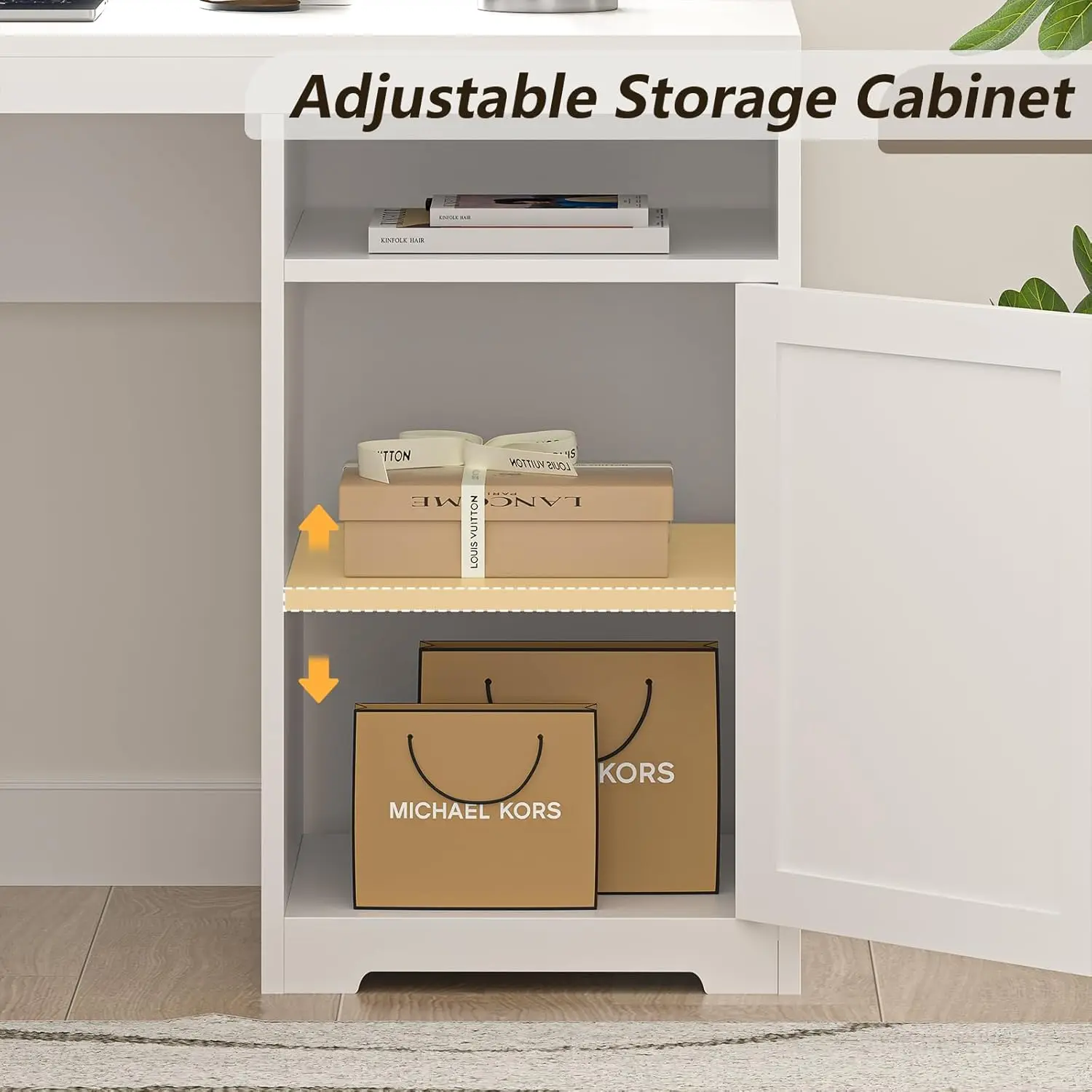 63" Farmhouse L Shaped Executive Desk with Drawers & Storage Shelf, Corner Computer Desk with Power Outlets