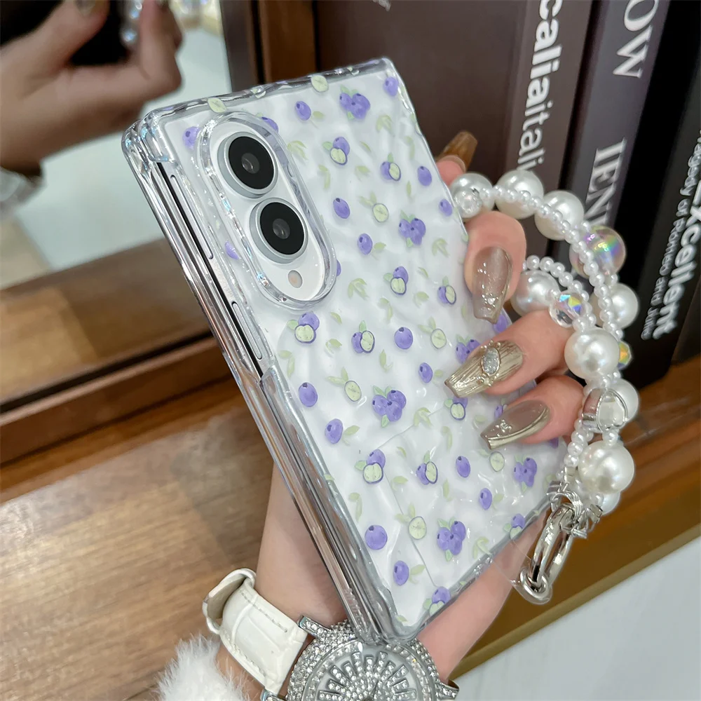 Cute Purple Blueberry Print Wavy Glitter Clear Phone Case with Pearl Wrist Strap