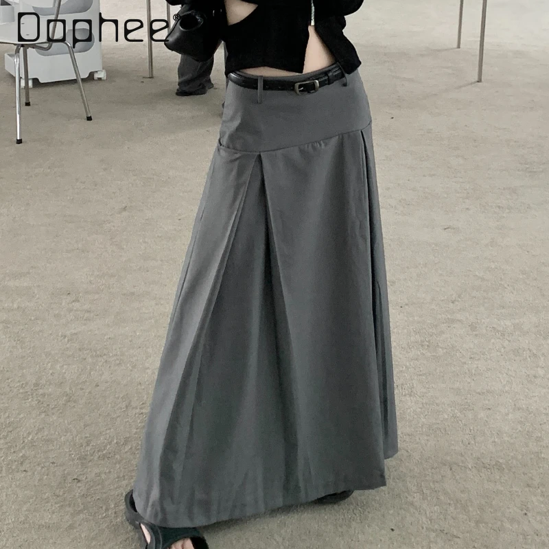 

Gray Irregular Low Waist Skirt for Women Clothing 2024 Autumn New Elegant Women's A- Line Slim Fit Belted Pleated Long Culotte