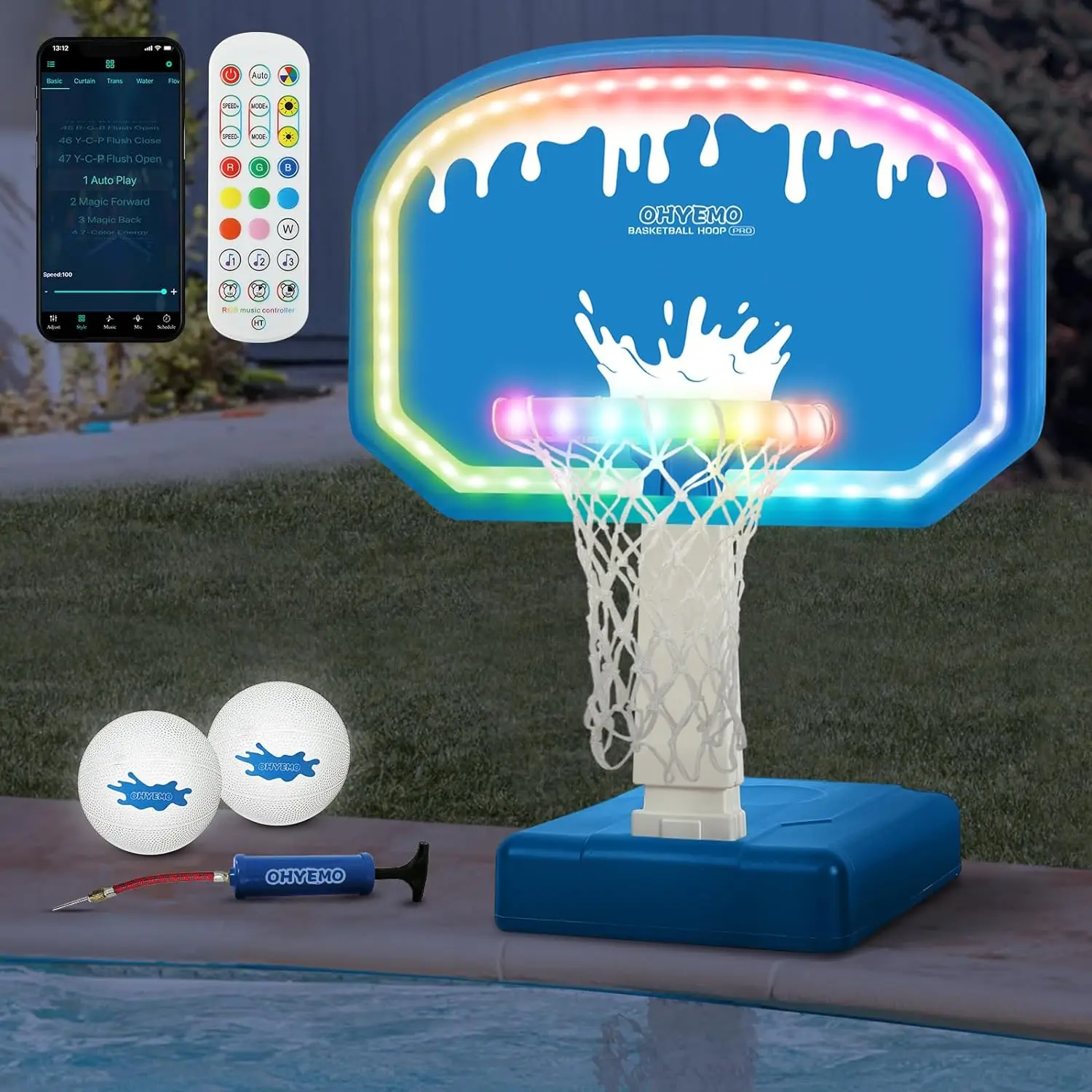LED Pool Basketball Hoop, Oversized Swimming Pool Basketball Game Set with 14in LED Rim/2 Glow Balls/Base/Pump, App & Music Sync