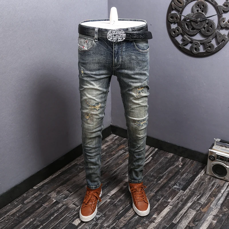 

Fashion Trendy Men Jeans Retro Washed Elastic Stretch Slim Fit Ripped Jeans Men Vintage Trousers Patched Designer Denim Pants