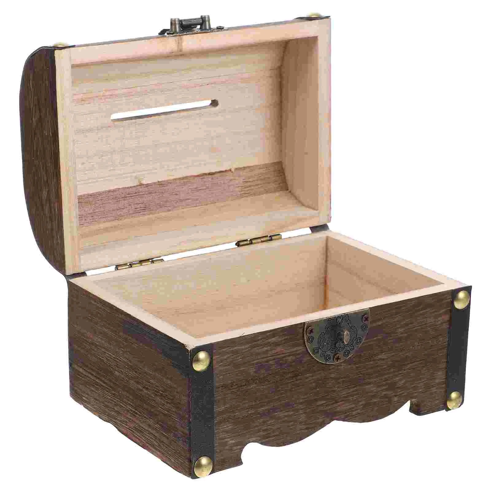 Treasure Chest Piggy Bank with Key Lock Wedding Coin Wooden Savings Dark Brown Child 2