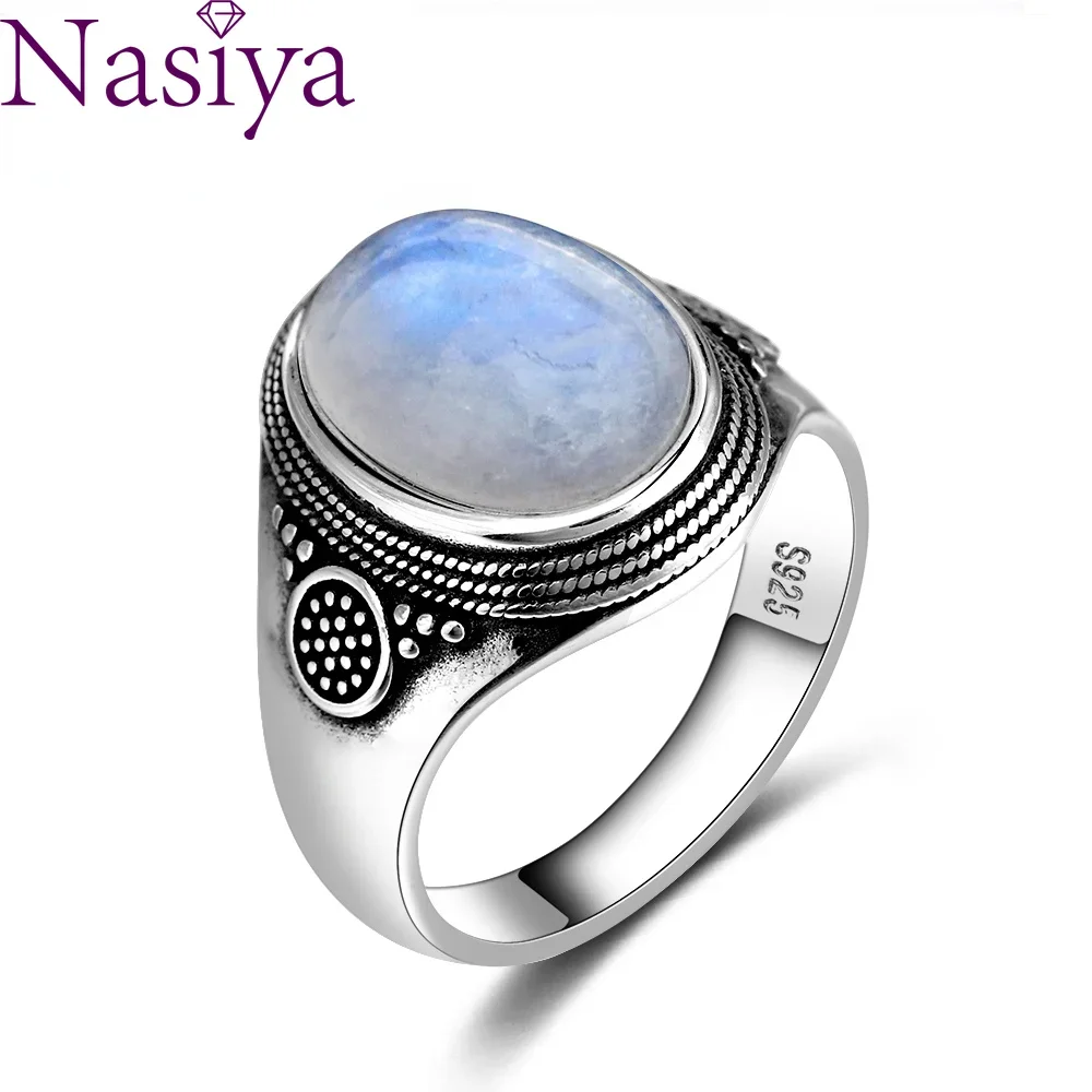 Silver Rings Silver Ring Gemstone Ring Natural Moonstone Ring Lady S925 Sterling Silver Jewelry Retro Party Ring 10x14MM Large Ellipse Gem Gift