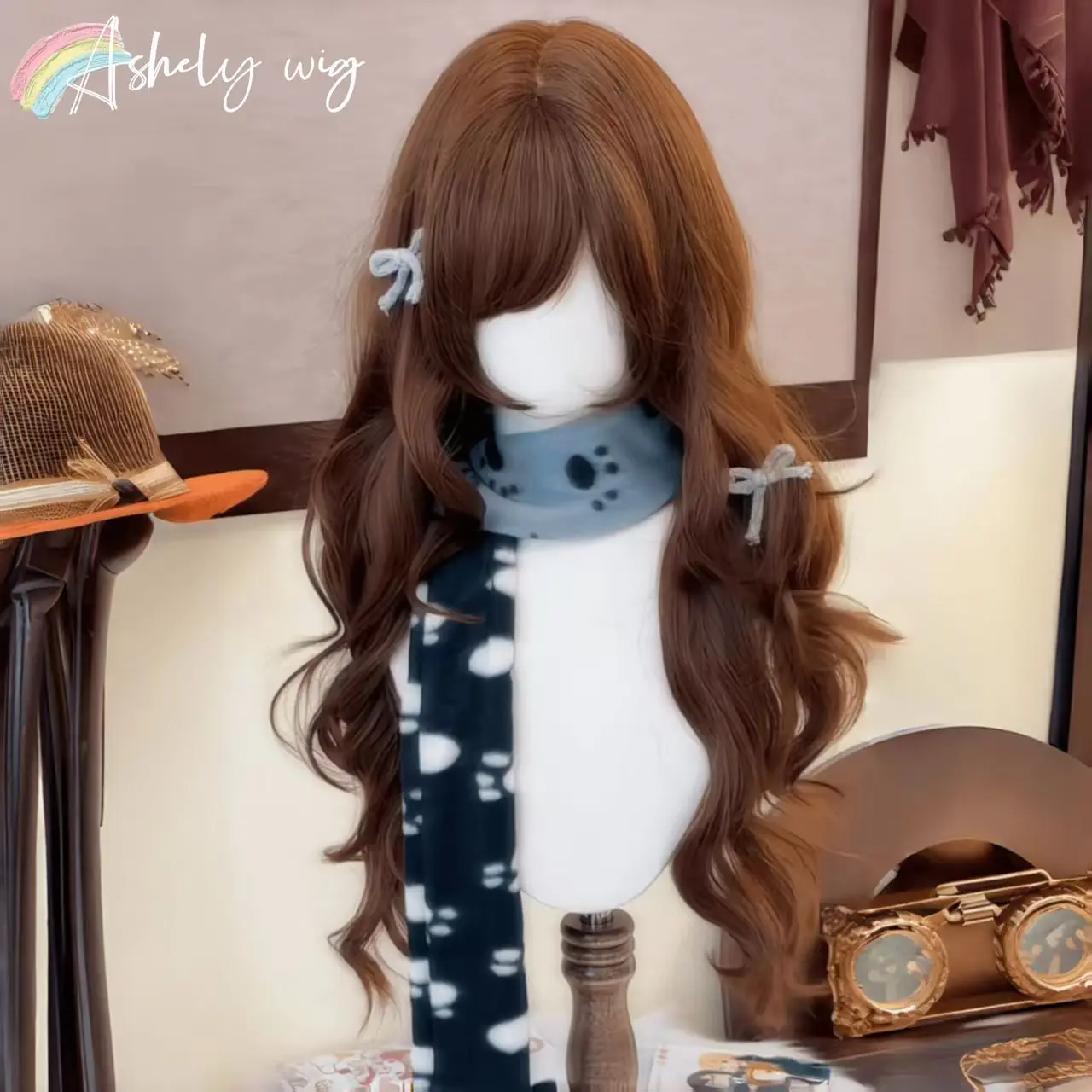 Chocolate Brown Wig with Bangs 24inch Long Wavy Hair Wigs for Women High Quality Cute Lolita Synthetic Wig for Daily Use Cosplay