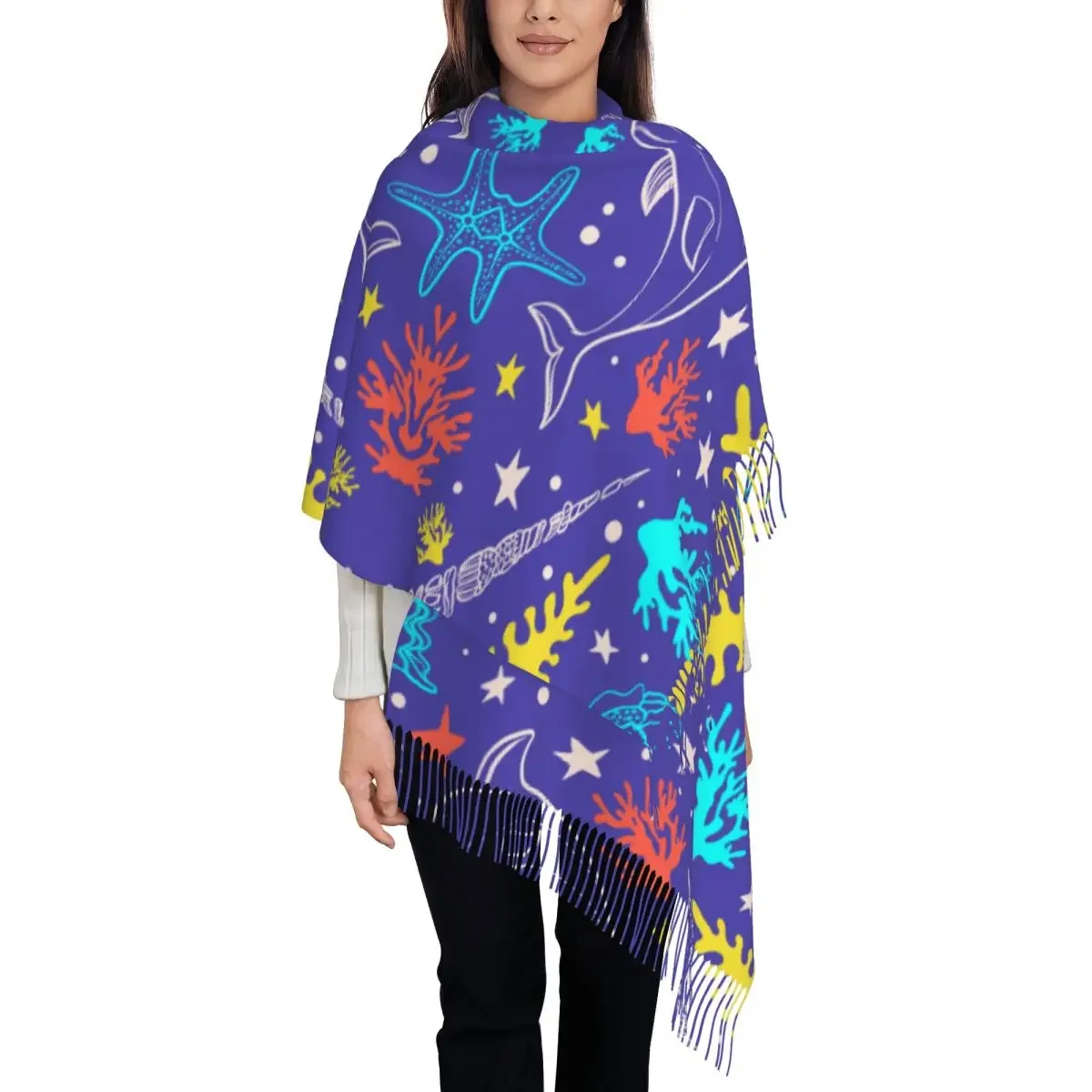 

Personalized Printed Blue Base Sketch Long Pile Fringe Men Scarf Women'S Anti Chill Scarf