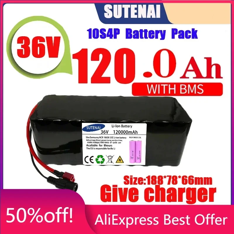 

new 2024 36V 120Ah Electric Bicycle Battery Built-in 40A BMS Lithium Battery Pack 36 Volt 2A Charging Ebike Battery + Charger