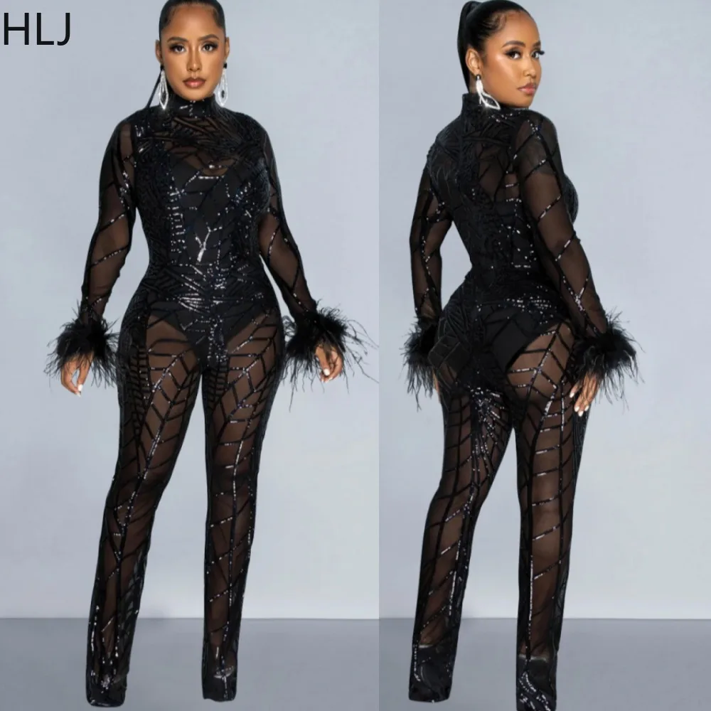 HLJ Sexy Mesh Sequin Feather Bodycon Party Nightclub Jumpsuits Women Round Neck Long Sleeve Playsuit Fashion Perspective Overall