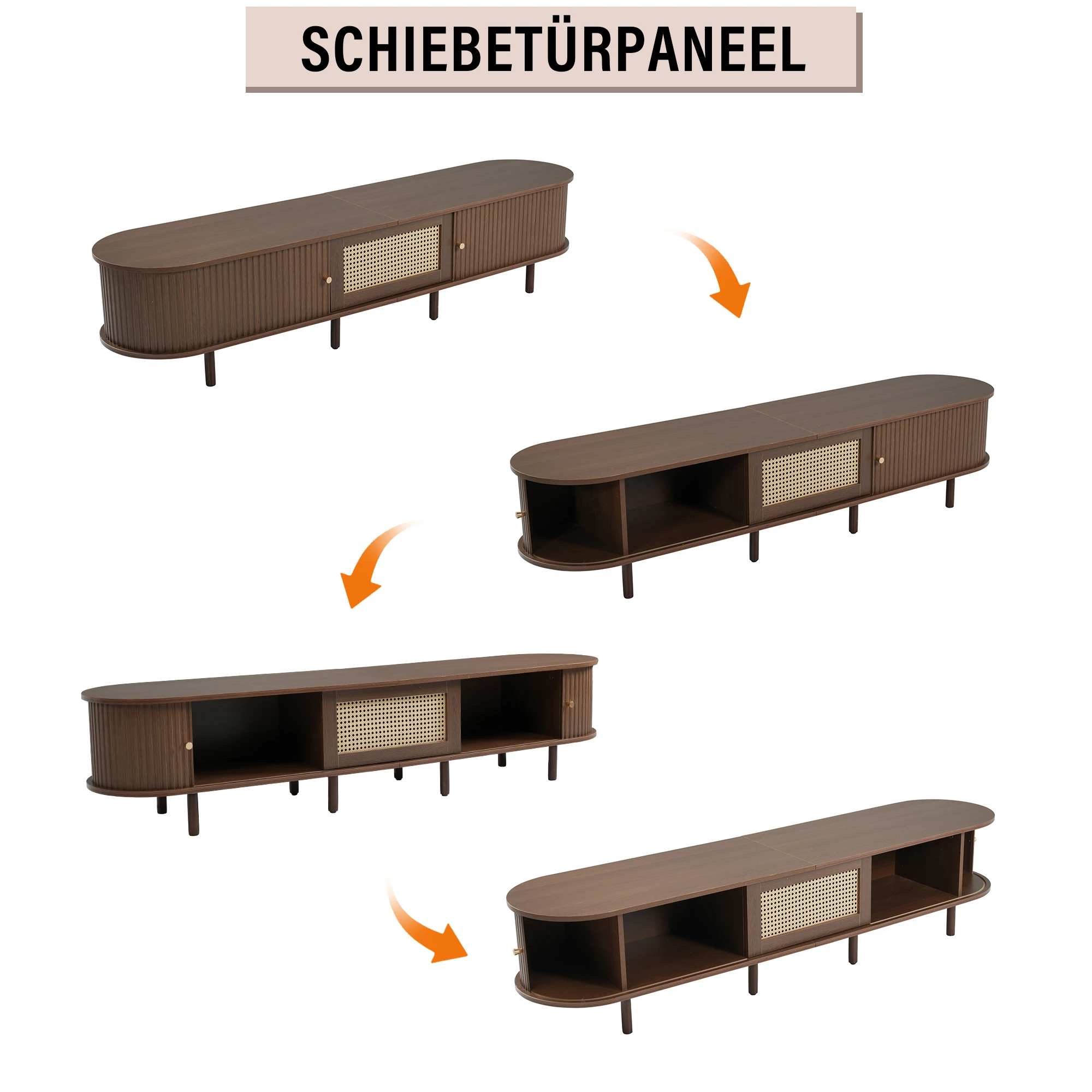 KOMHTOM Ovaler TV-Ständer Nussbaum Dunkel, Rattan-Design 180cm MDF, Verstellbare Füße, 30kg Belastbarkeit – Detail 4