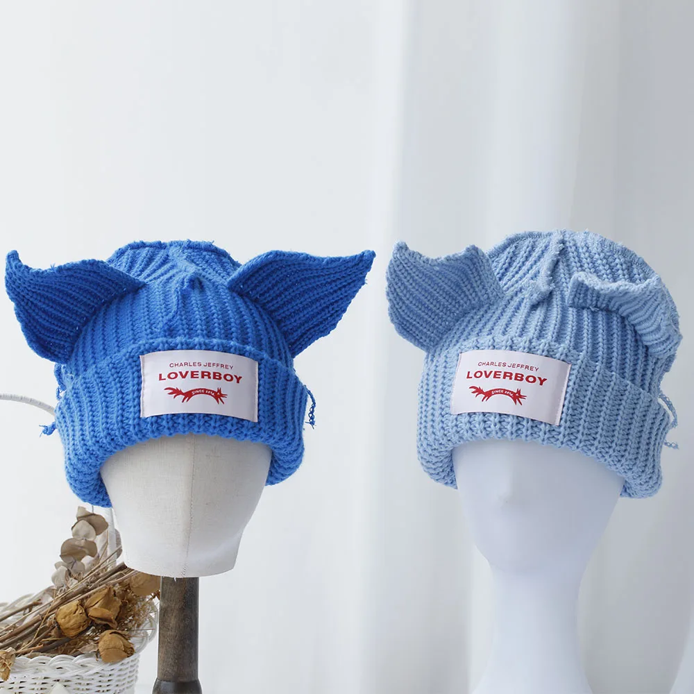 Loverboy-gorro de punto con orejas de gato para mujer, gorro de lana con orejas de cerdo, cálido y sólido, bonito Gorro con capucha de moda, diseño de nicho, Hip-hop, personalidad, frío, 2023