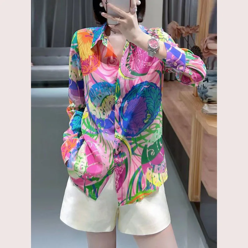 

Vintage Printed Lapel Loose All-match Tie Dye Shirt Female Clothing 2023 Autumn New Commute Tops Long Sleeve Casual Blouse