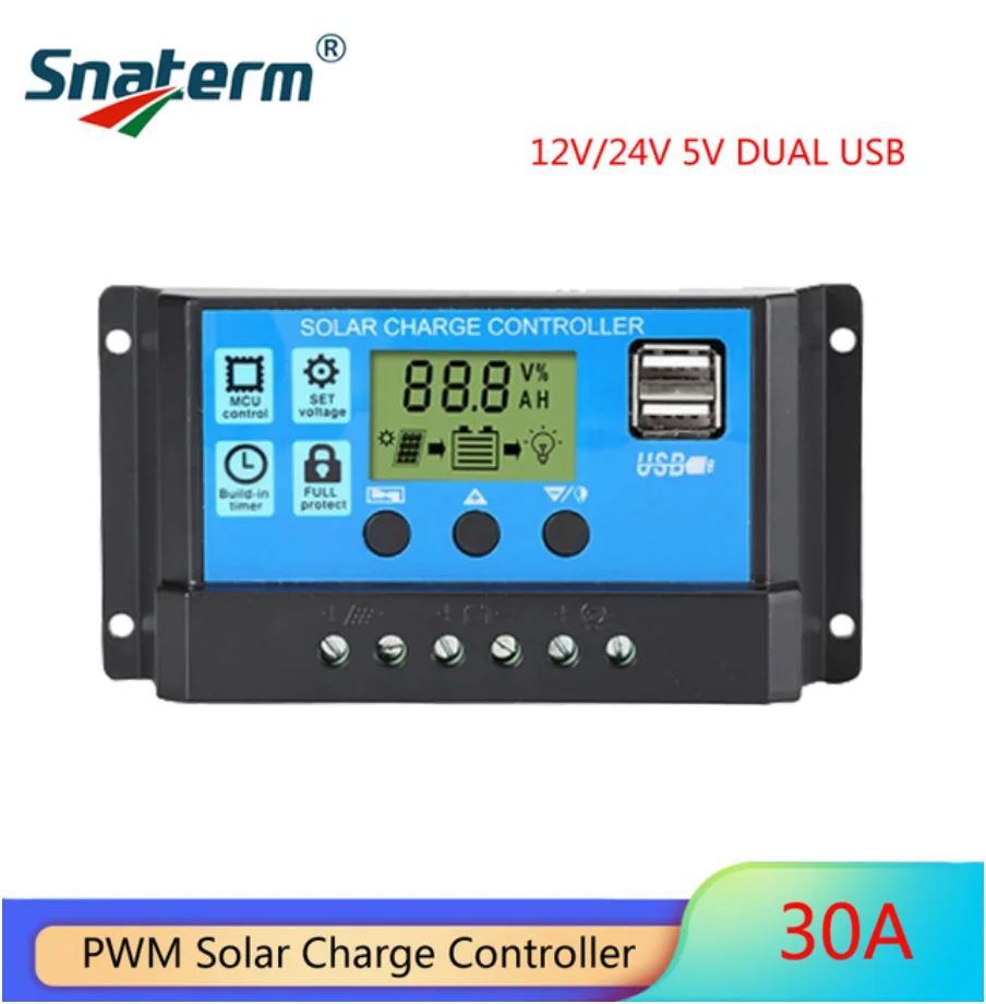 NUZAMAS Solar Laderegler 30A PWM - LCD Display Für 12V/24V Systeme