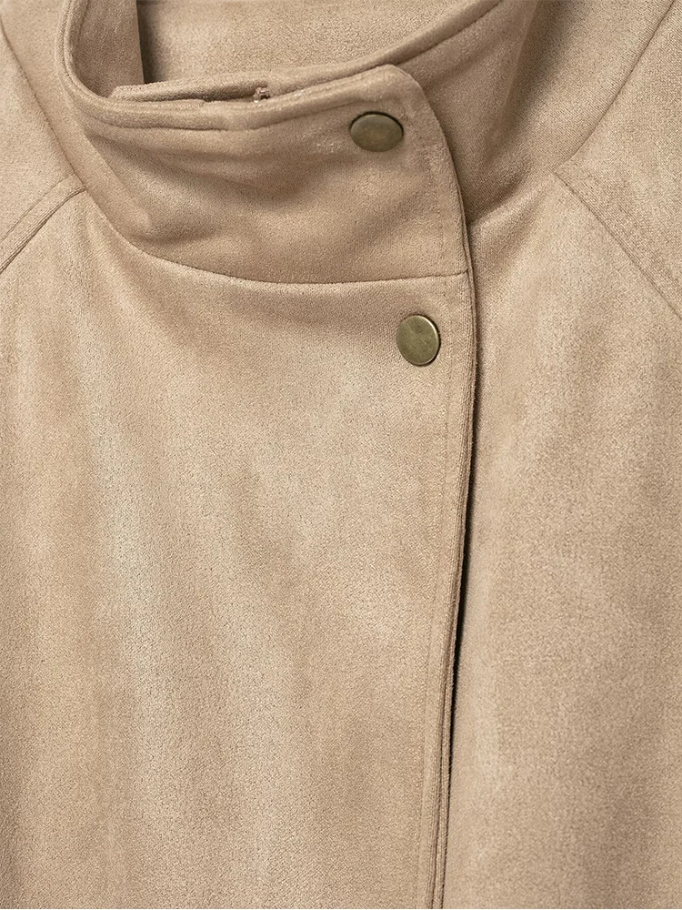 New Women Suede Jackets Coat Retro Stand Collar Mid-length Casual Streetwear Female Fashion Solid Oversize Autumn Winter Jacket