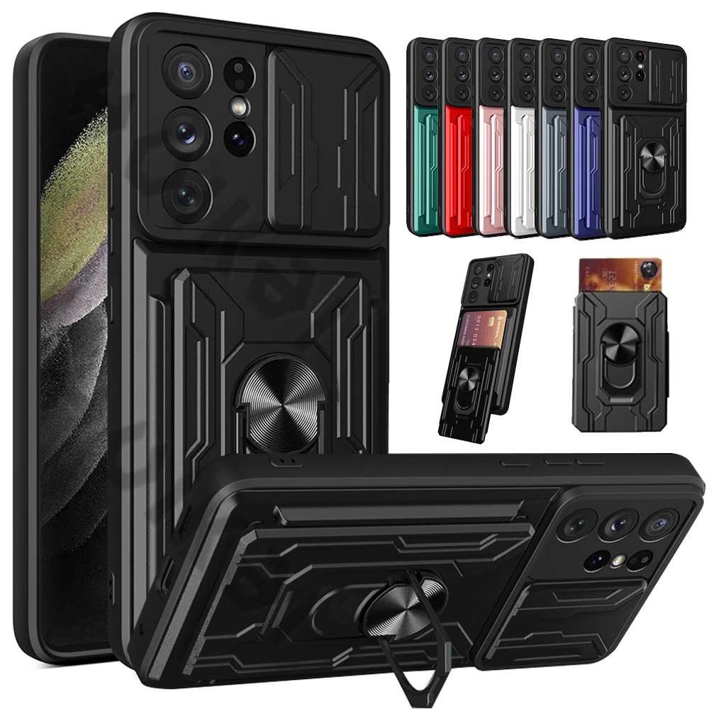 For Samsung S22 S21 Ultra Plus Case Slide Stand Kickstand Ring Camera Military Grade Card Slot Galaxy Note 20 A13 A32 A73 A52 72 samsung galaxy s22 ultra case