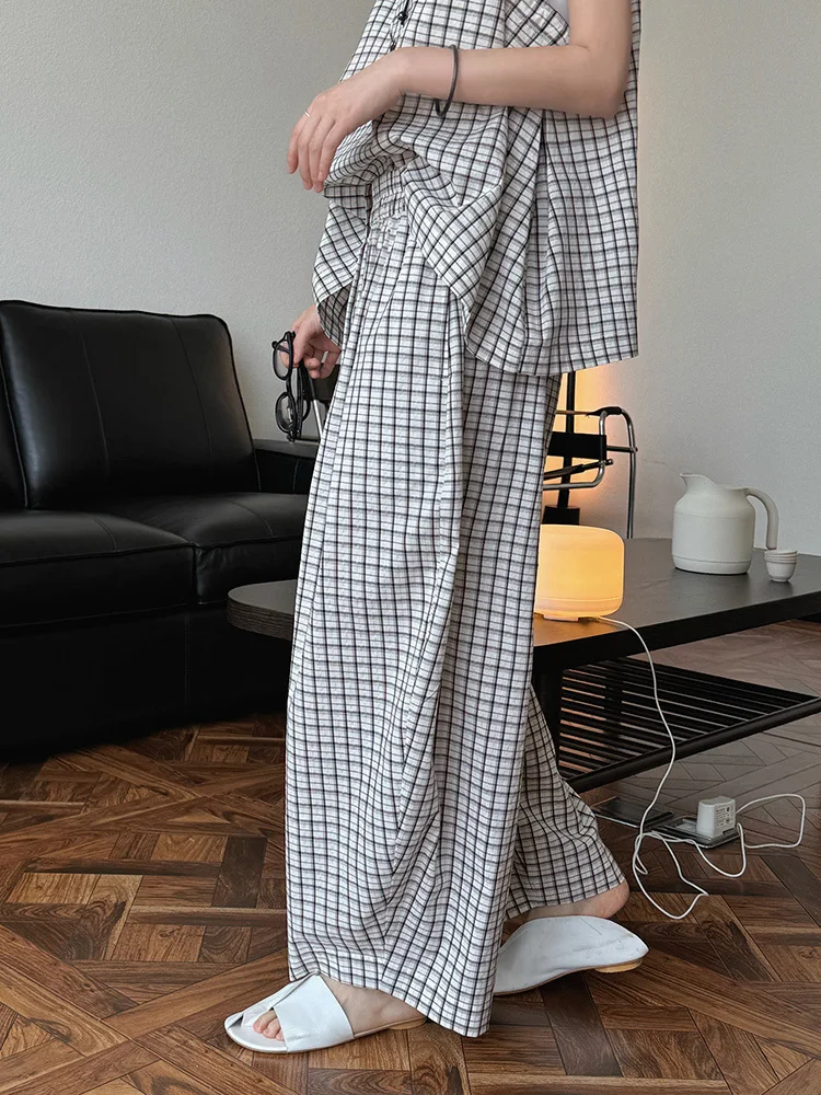 [EAM] High Elastic Waist Blue Plaid Brief Casual Wide Leg Pants New Trousers Women Fashion Tide Spring Autumn 2026 1DJ0747