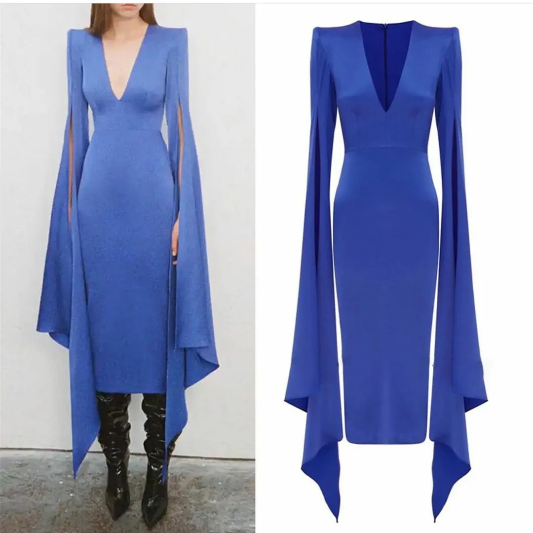 

Vintage Short V-Neck Royal Blue Evening Dresses With Cape فساتين السهرة Sheath Tea Length Prom Dress Robe de soirée for Women