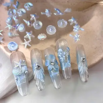 50Pcs Shell Starfish Mermaid Tail Nail Art Charms Ocean Aurora Shapes for Summer Beach Party Nail Decorations Nail Tech