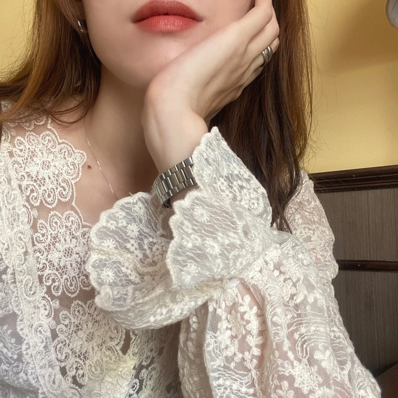 여성용 올 매치 얼짱 셔츠, 섹시하고 사랑스러운 소녀 레이스 슬림 스트리트웨어, 플레어 슬리브, 편안한 레트로 V넥 Mujer 패션, 심플한 인스