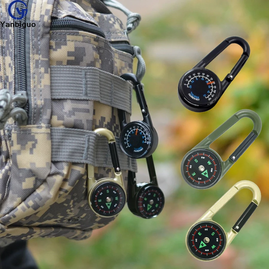 1 Pc Outdoor Multifunctional Hiking Metal Carabiner Compass Thermometer Keychain Metal Carabiner Keychain