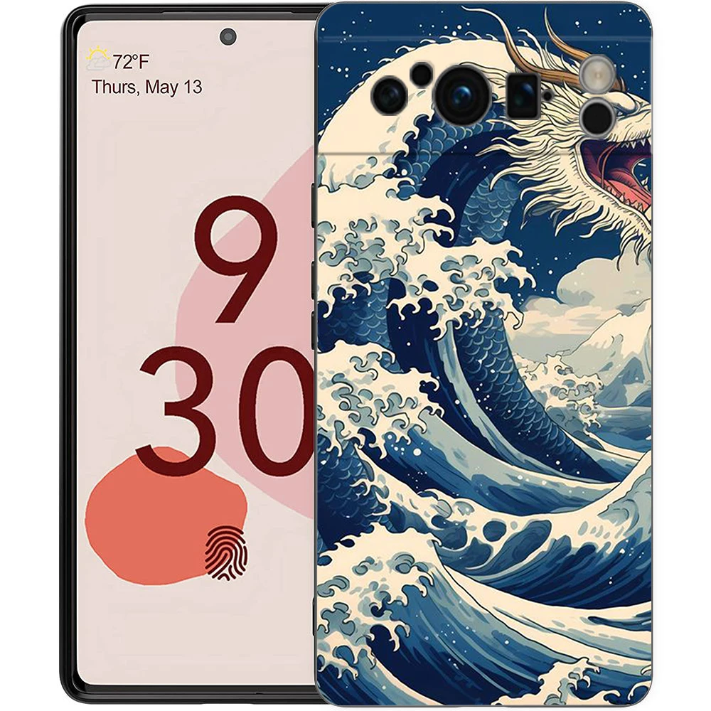 Stylish Black TPU Soft Back Phone Cover Featuring The Great Wave of Kanagawa Design